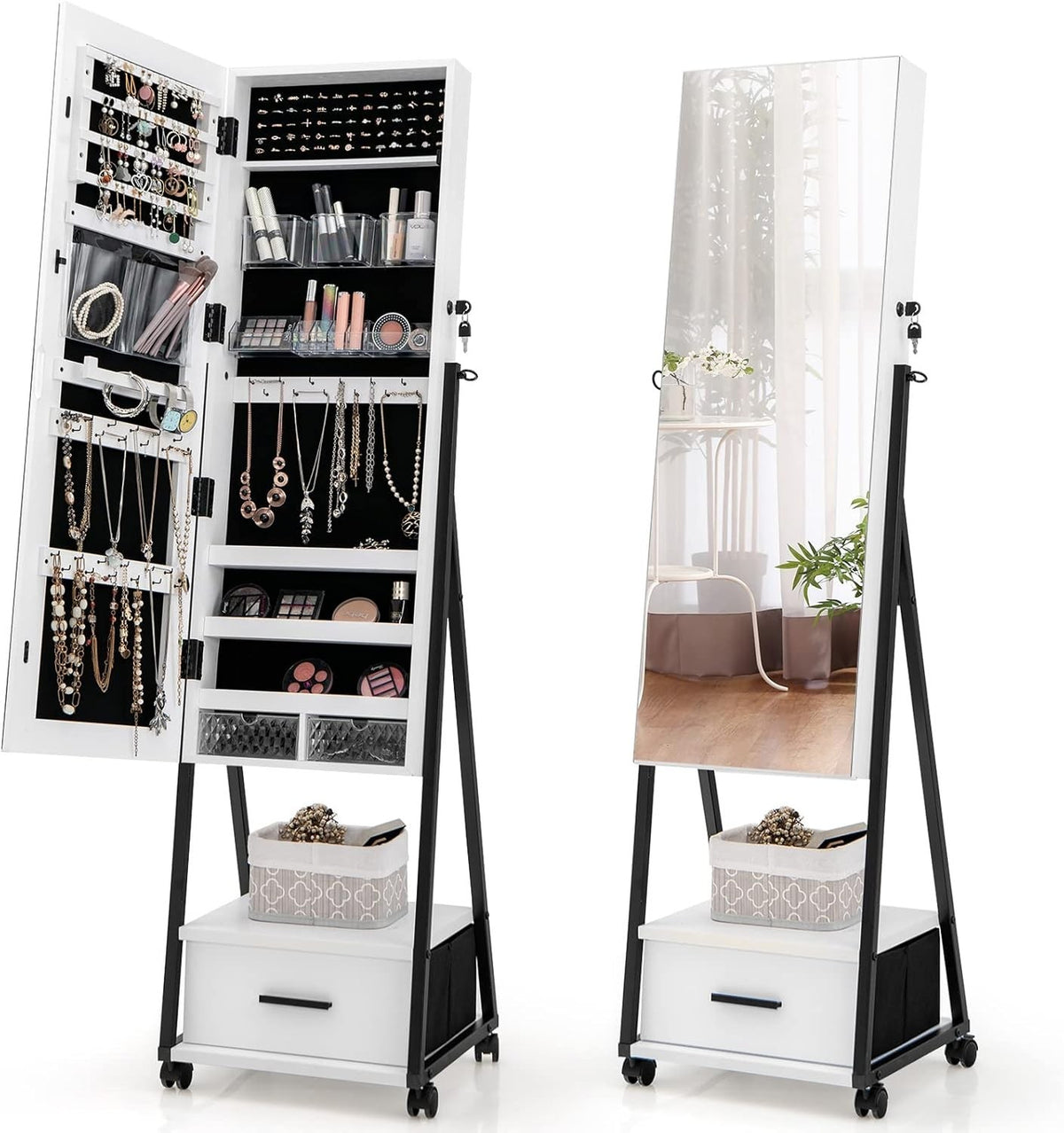 White Rolling Jewelry Armoire Lockable Mirror Cabinet with Drawers
