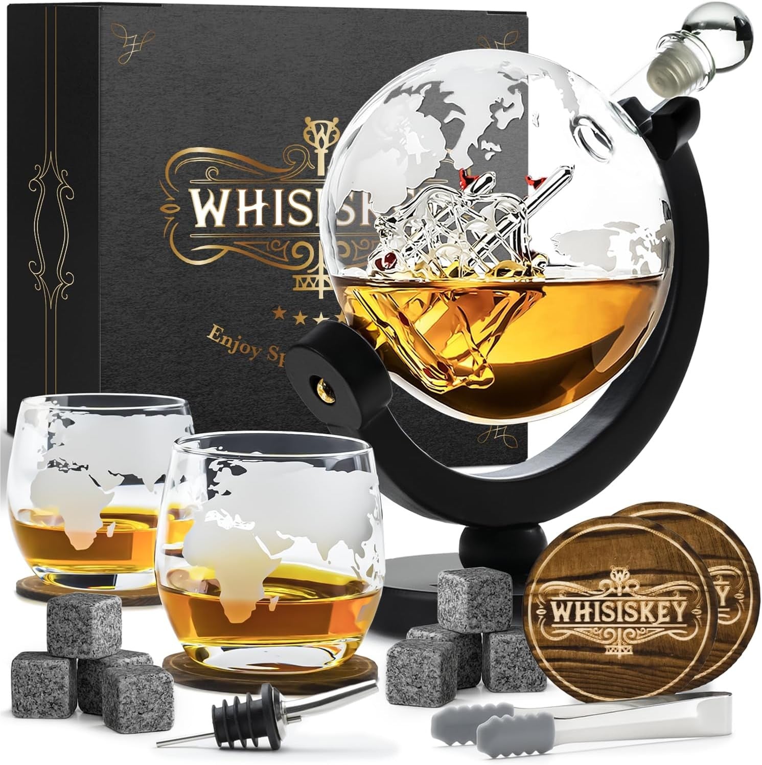 900ml Globe Whiskey Decanter Set with Glasses Stones Luxury Gift for Men Bar