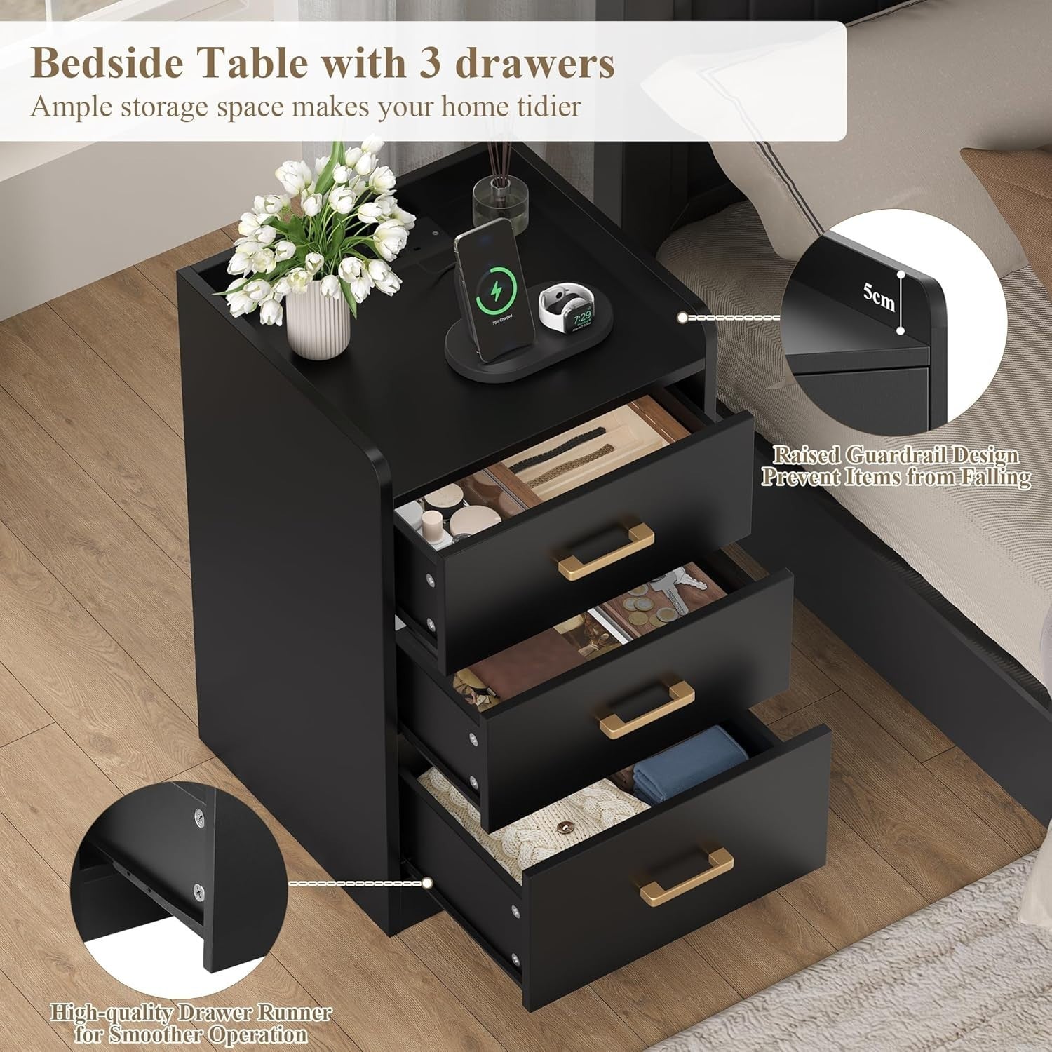 Black Bedside Table with USB Charging Station 3 Drawers Modern Nightstand