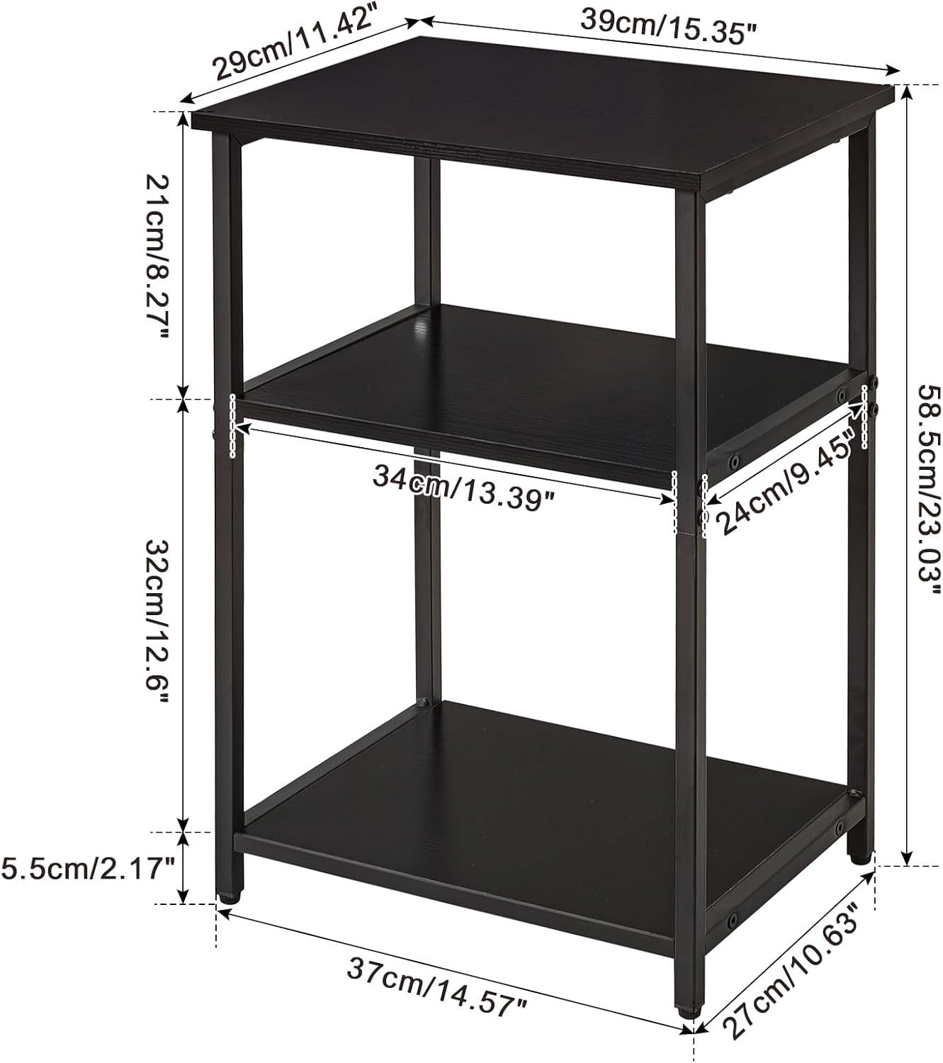3-Tier Industrial Side Table with Storage Shelves & Protective Feet, Black