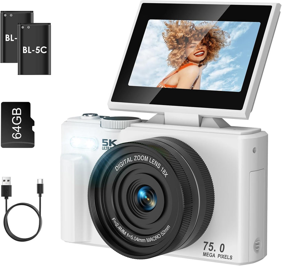5K 75MP Digital Camera WiFi Vlogging Camera Flip Screen White
