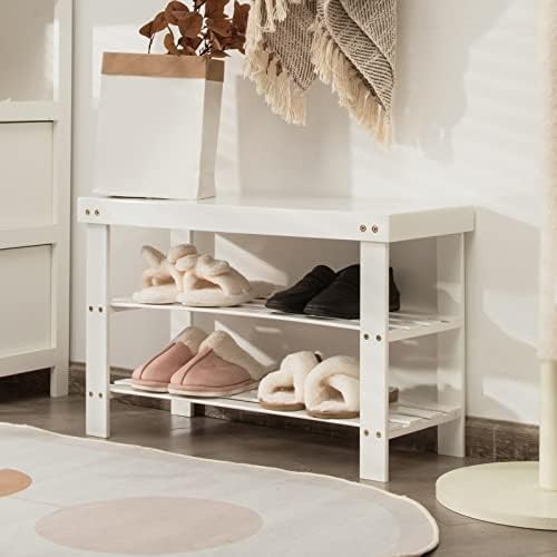 White Bamboo Shoe Storage Bench – 3-Tier Rack & Seat for Entryway 70cm
