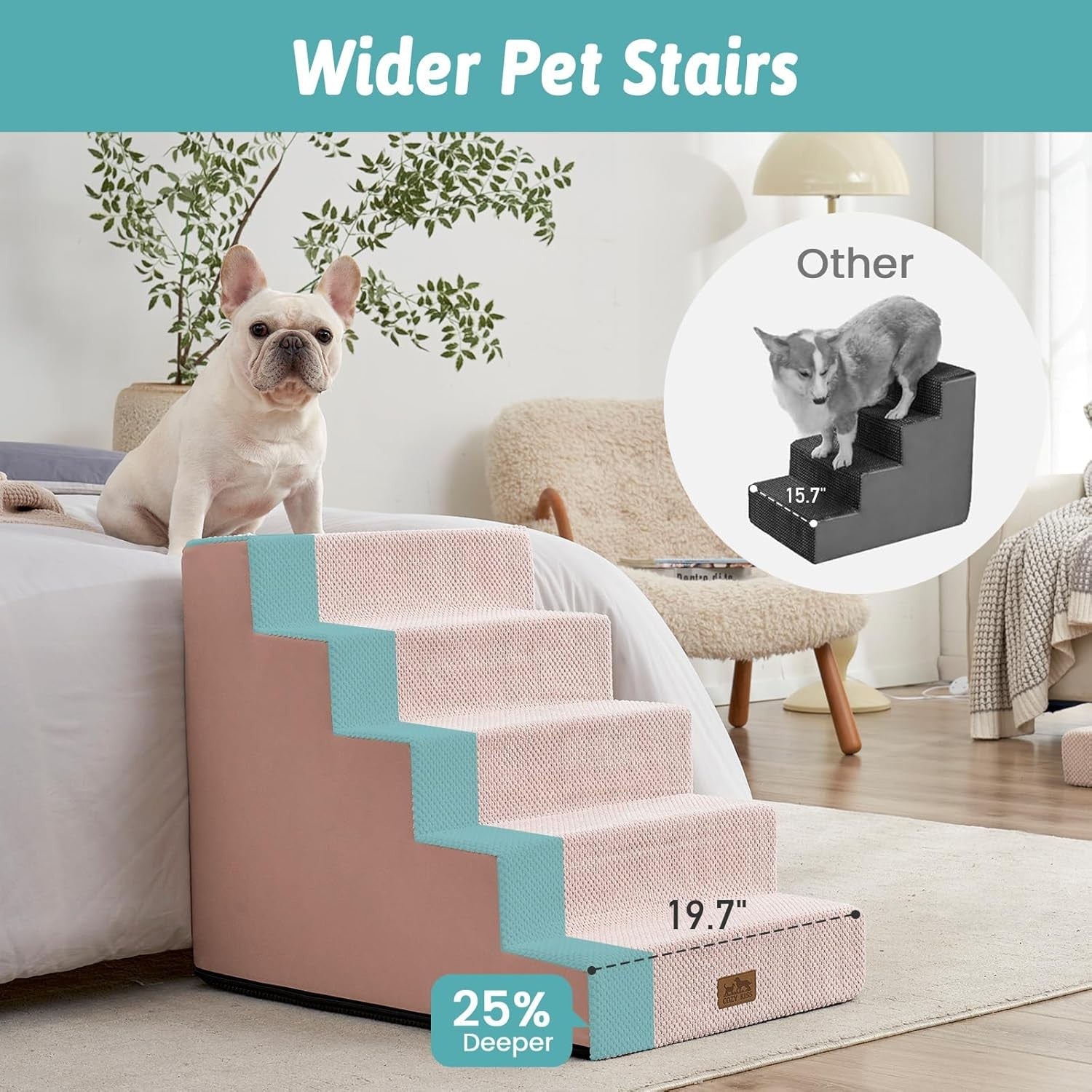 Wide Dog Stairs Non-Slip Pet Steps for Small Dogs Cats Puppy 50x75x60cm Pink