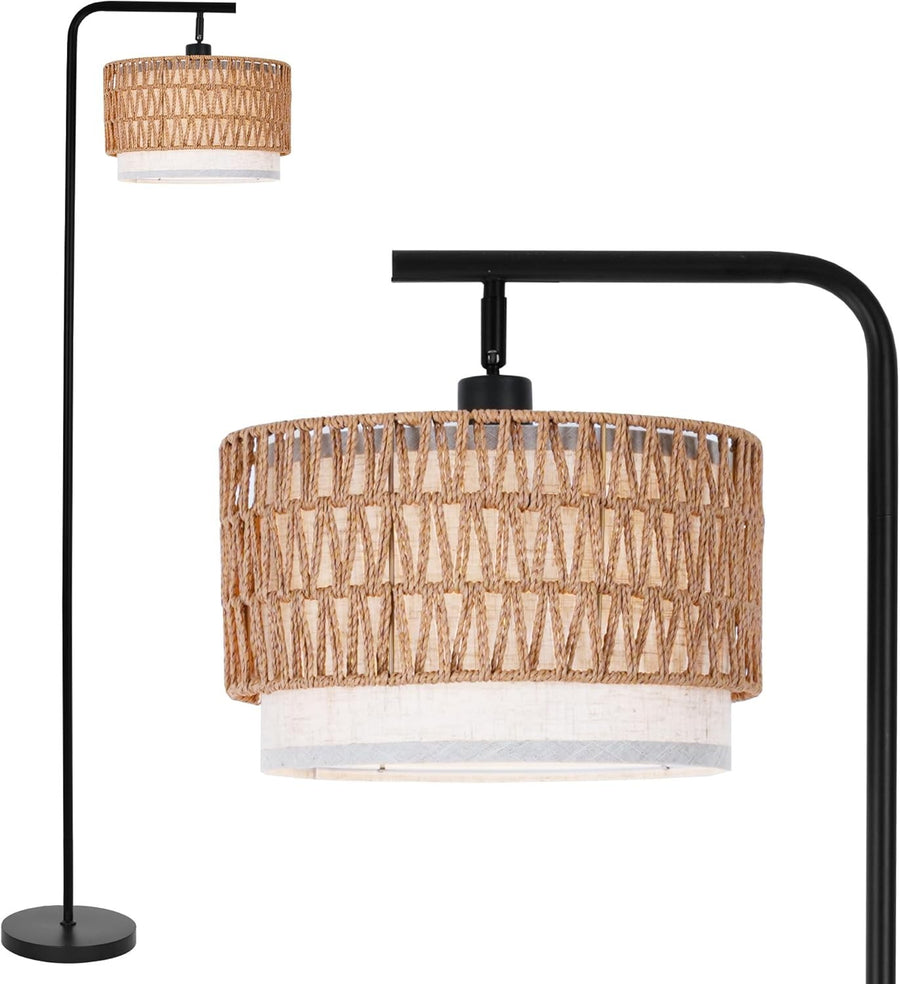 Rattan Floor Lamp with Fabric Shade & Foot Switch, 173cm Tall