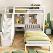 Kids Bunk Bed with Desk & Storage White 3FT Pine Wood Double Loft Bed 90x190cm