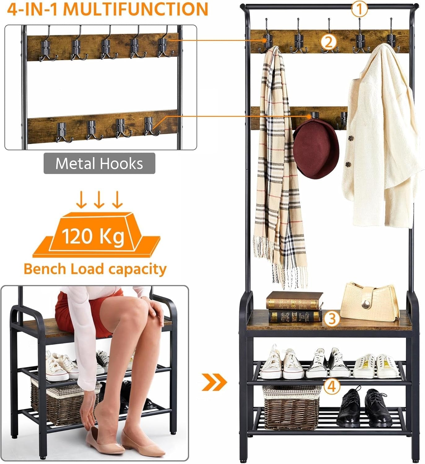 Rustic Brown Coat Rack with Shoe Bench & 23 Hooks | Hall Tree Entryway