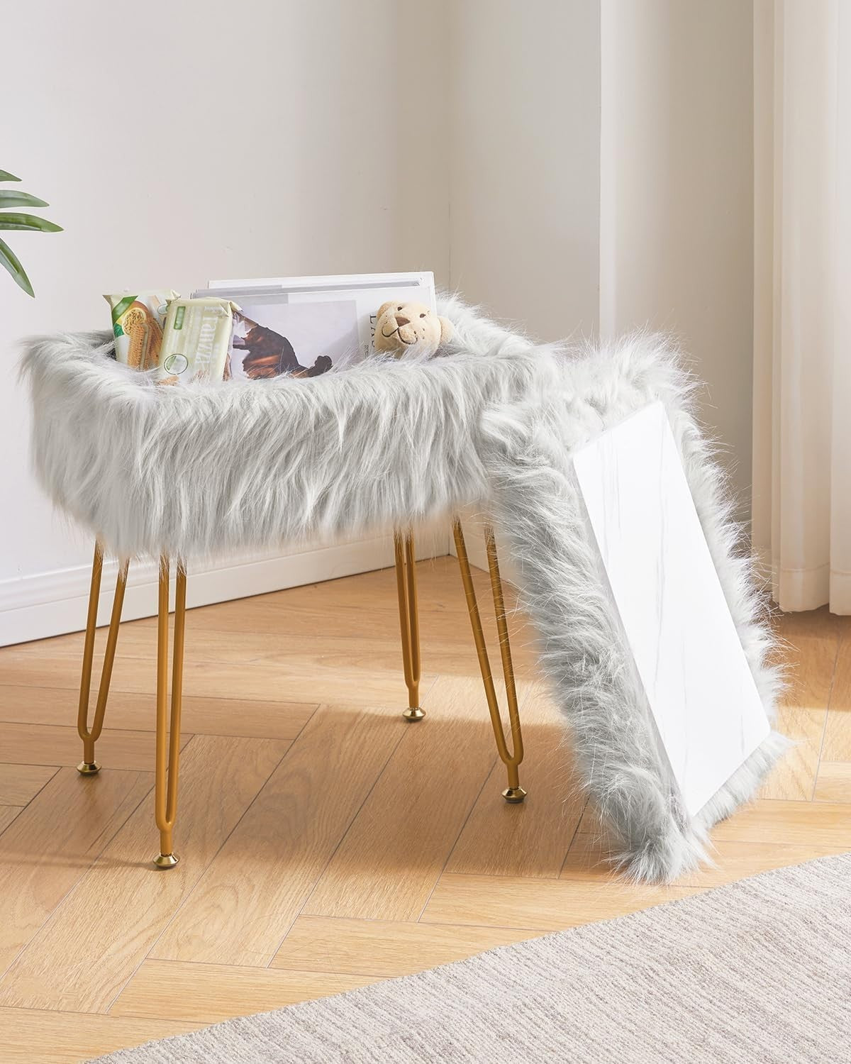 Grey Faux Fur Vanity Stool with Storage – Rectangular Makeup Ottoman Seat