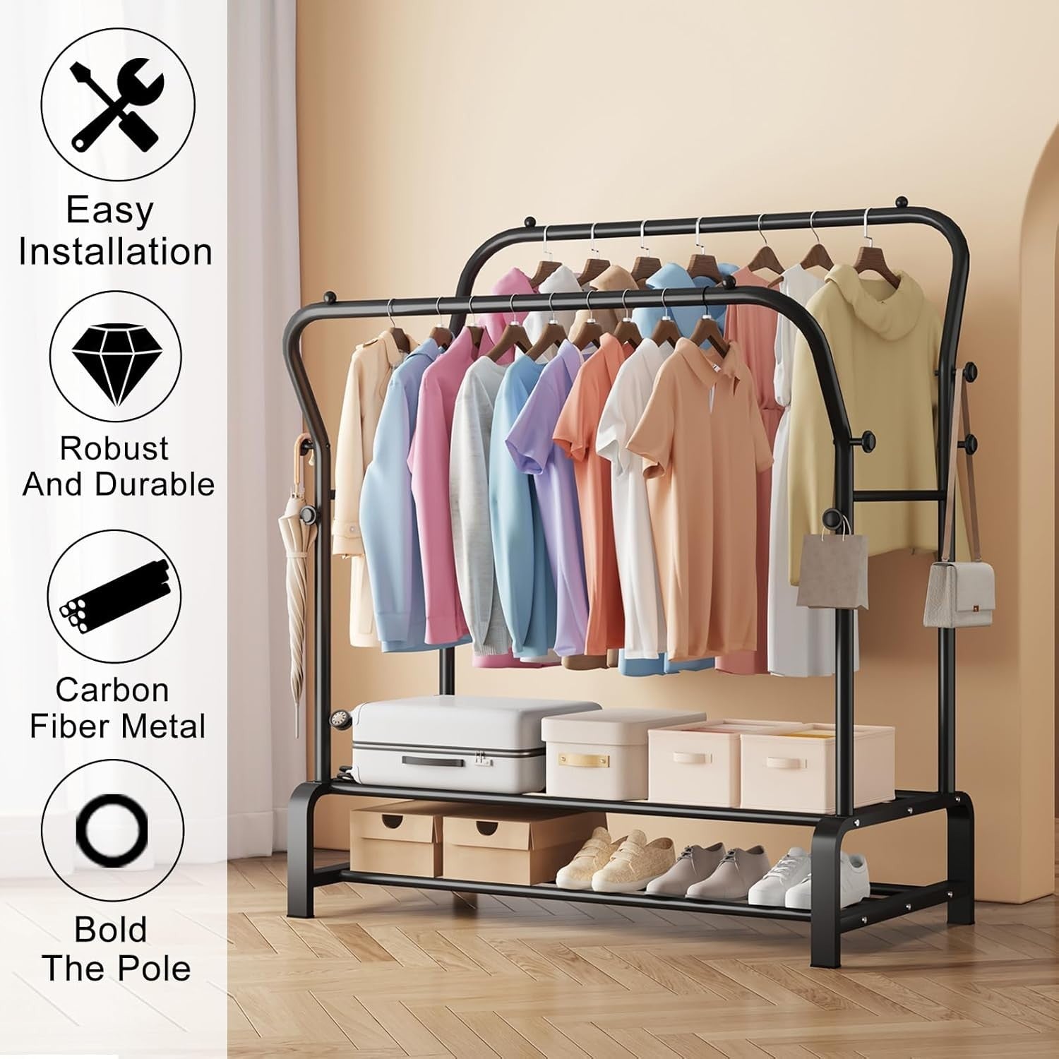 Heavy Duty Double Clothes Rail with Shelf & Hooks – Black
