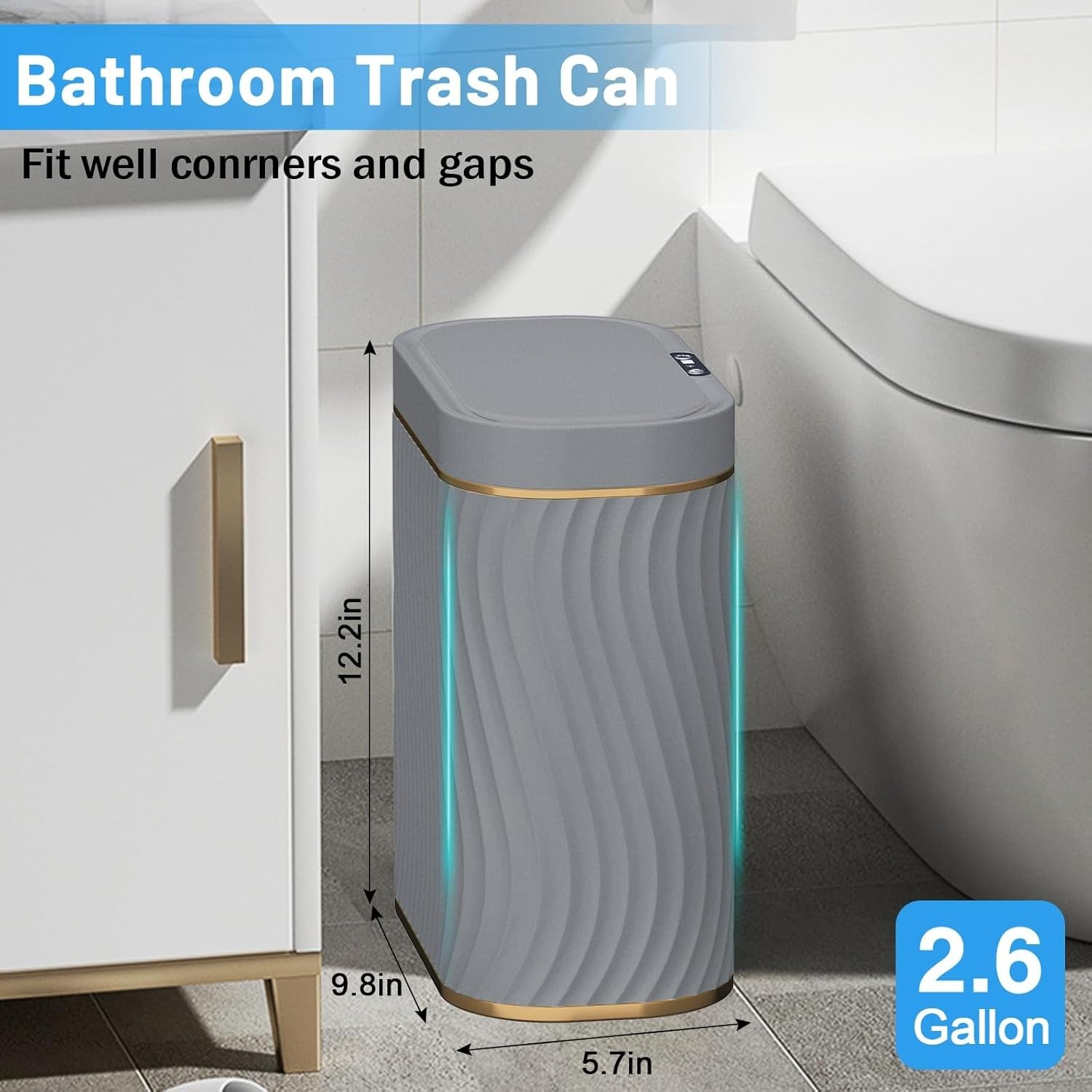2.6 Gallon Touchless Bathroom Bin Waterproof Slim Smart Trash Can Grey