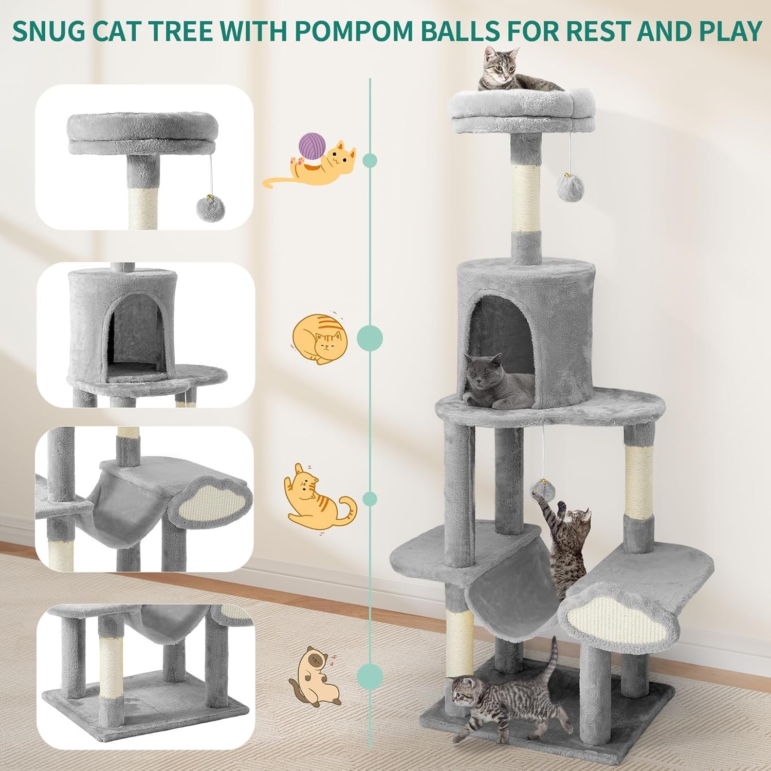 Tall Cat Tree Tower 142cm Scratching Post Hammock Condo Multi-Level