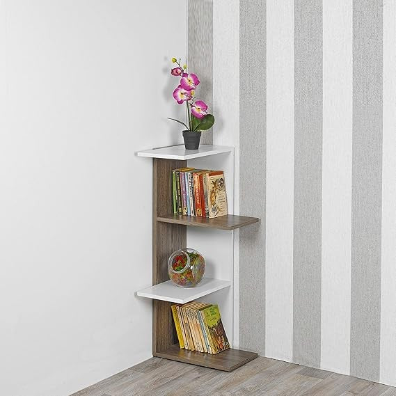 Modern 3-Tier Corner Bookcase Grey Oak – Space-Saving Shelving Unit for Home