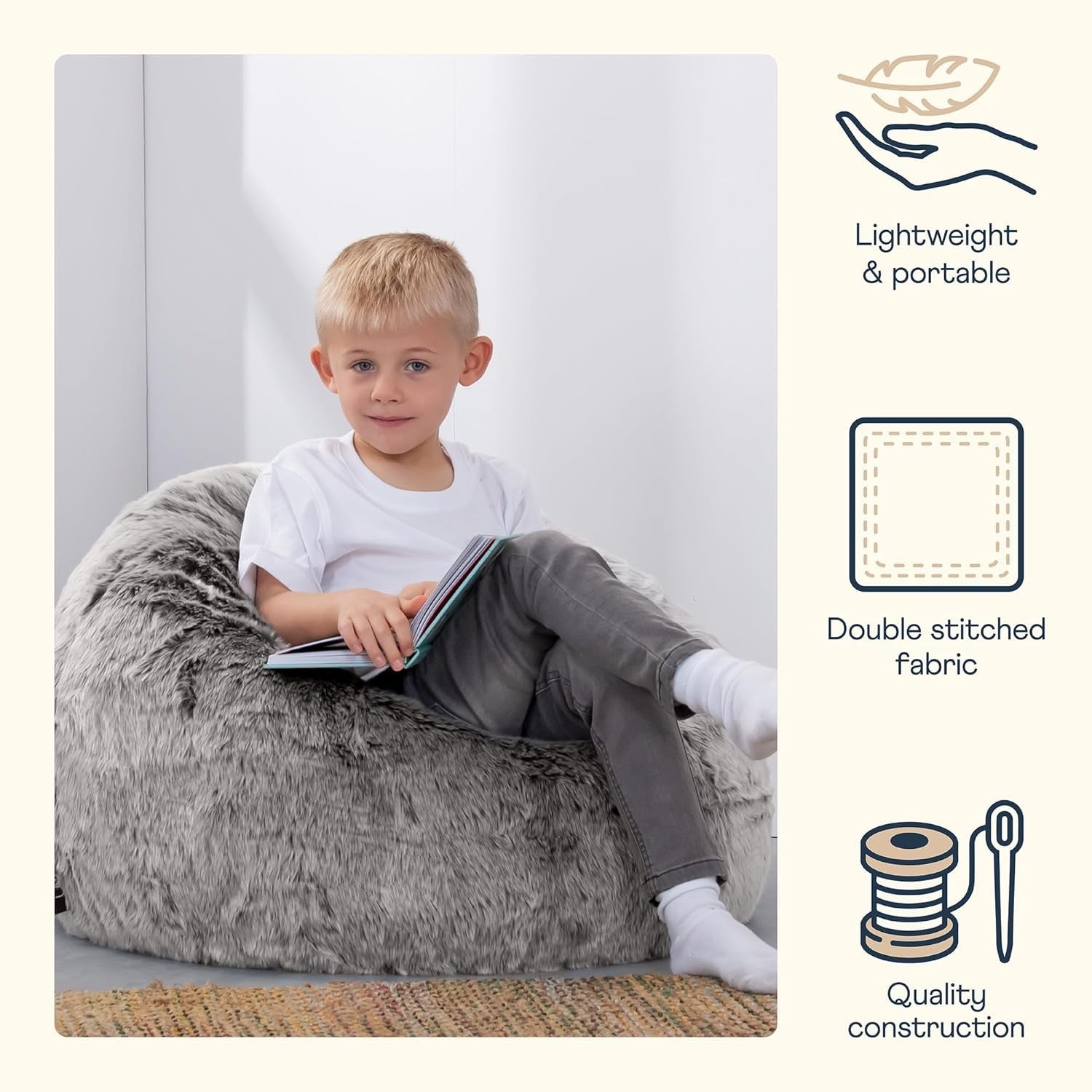 Kids Faux Fur Bean Bag Chair Soft Fluffy Seat for Bedroom Gaming Room