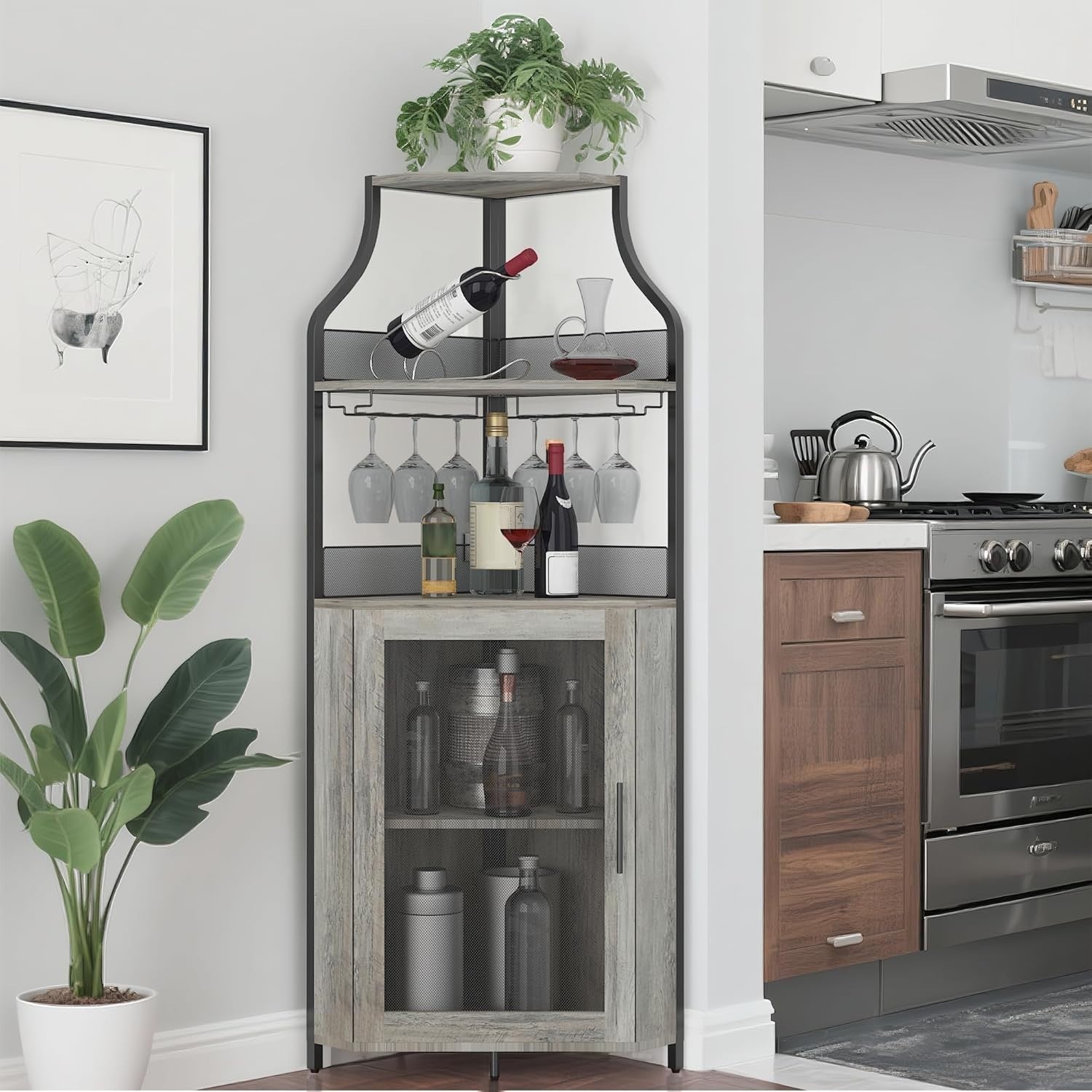 Corner Bar Cabinet with Wine Rack Glass Holder Mesh Door 5 Tier Home Bar Unit