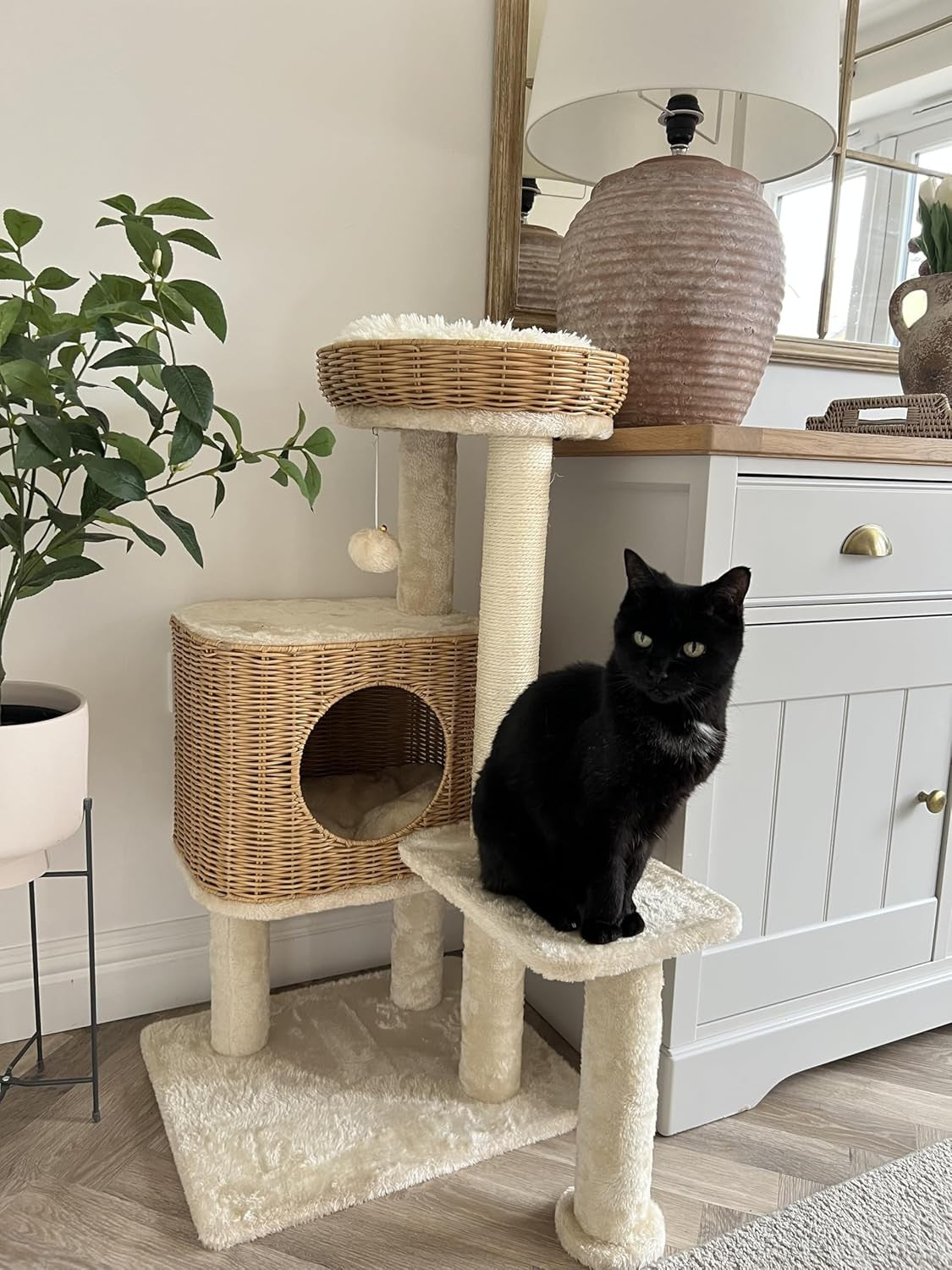 91cm Rattan Cat Tree Tower Wicker Bed Scratching Post Washable Cushion