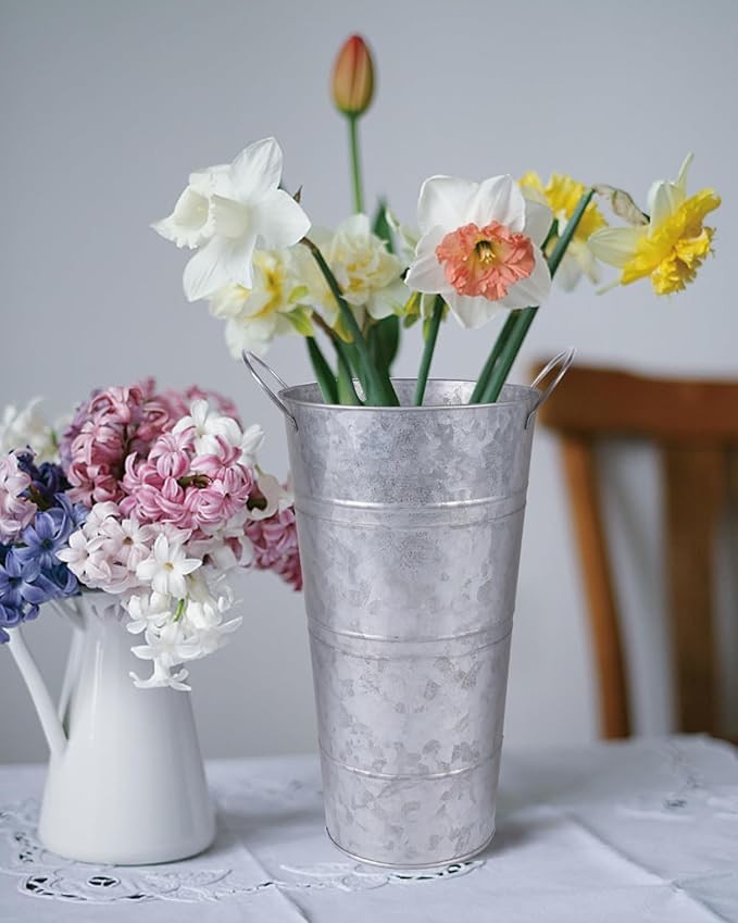 Galvanized Metal Flower Vases Set of 6 Rustic Bucket Planters Indoor Outdoor