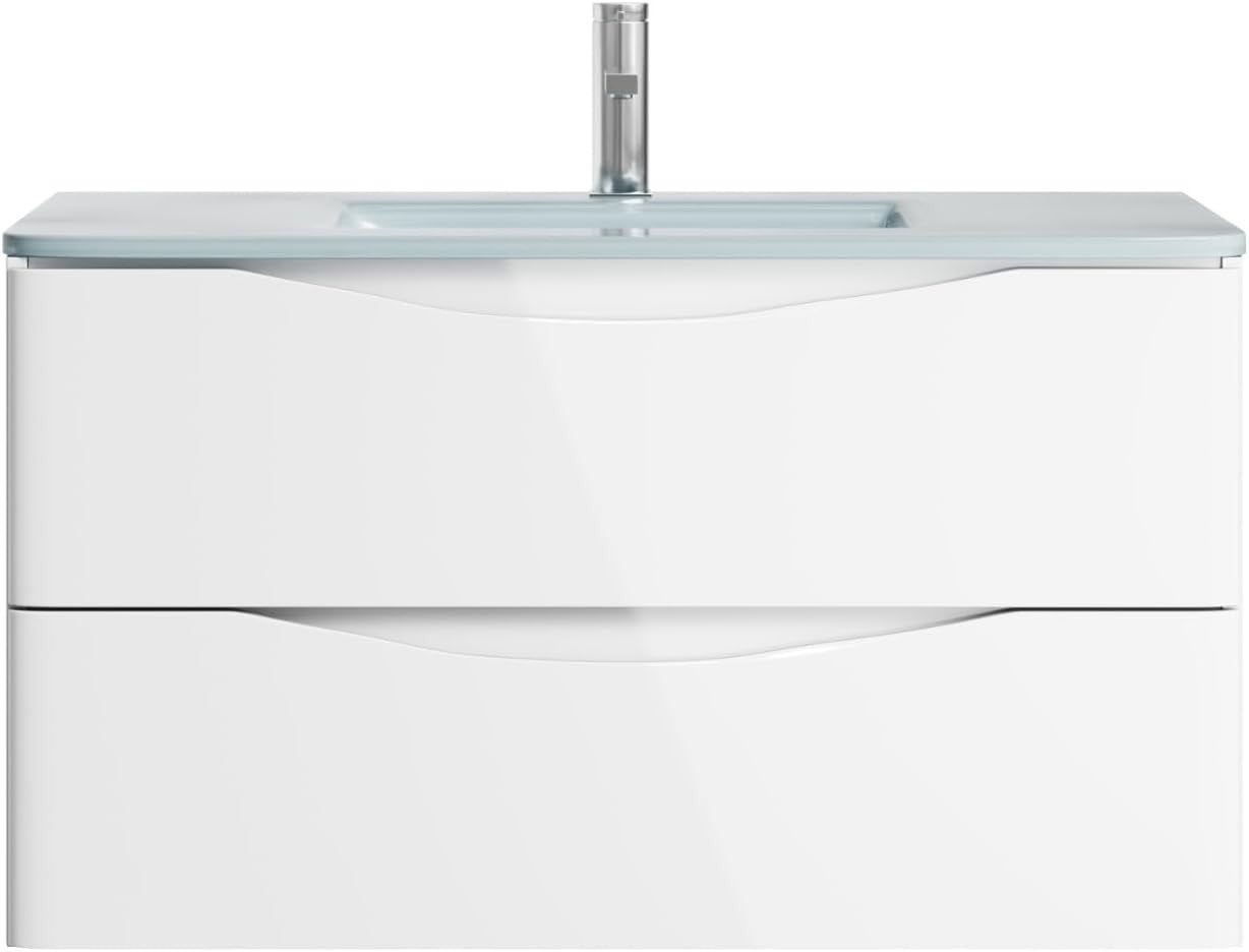 900mm Wall Hung Vanity Unit White Gloss with White Glass Basin Bathroom