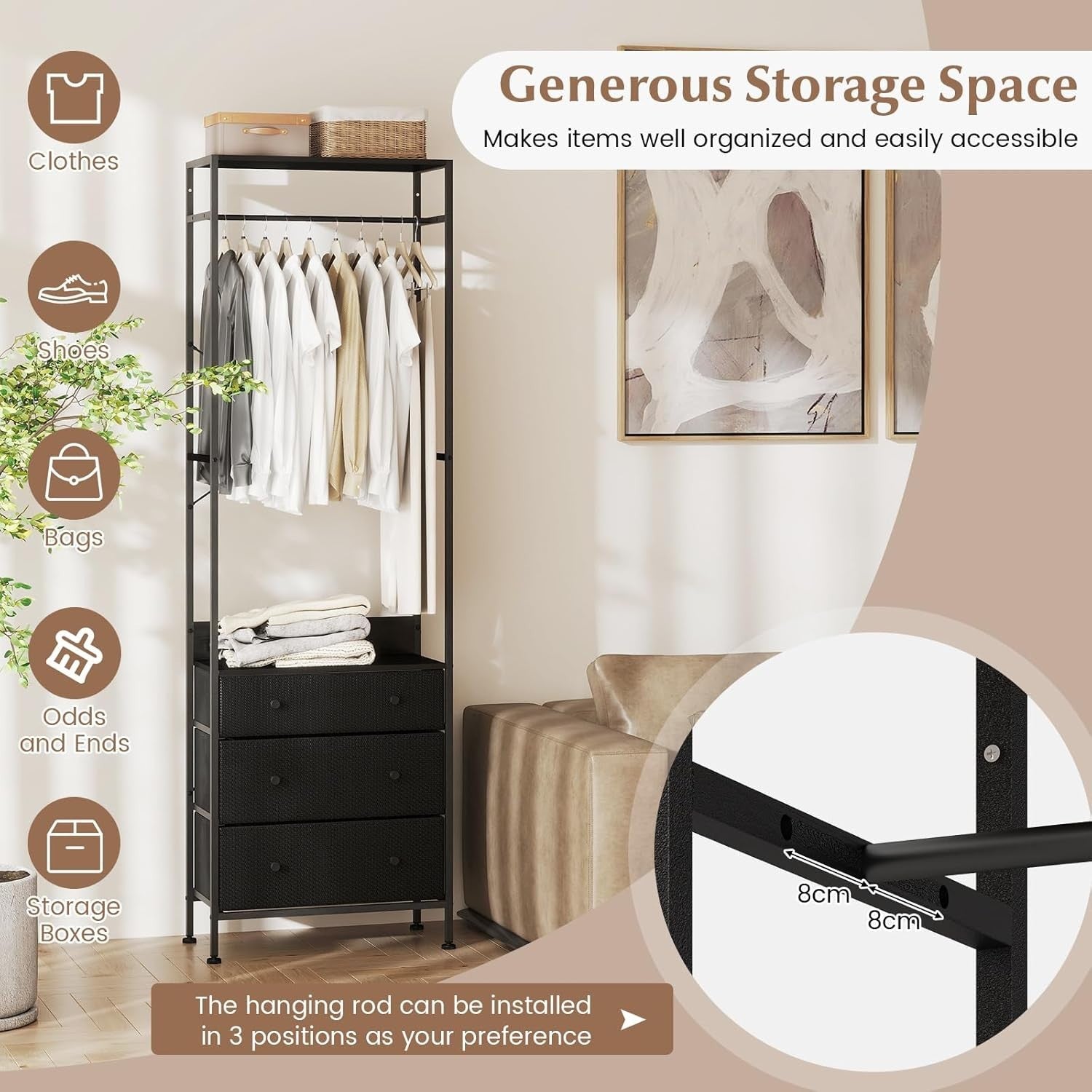 Clothes Rail Black 3 Drawers Freestanding Wardrobe Rack