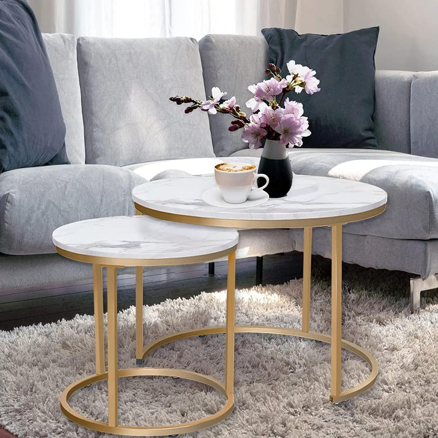 Round Nesting Coffee Tables Set of 2 – Grey Top Black Frame, Space- Gold
