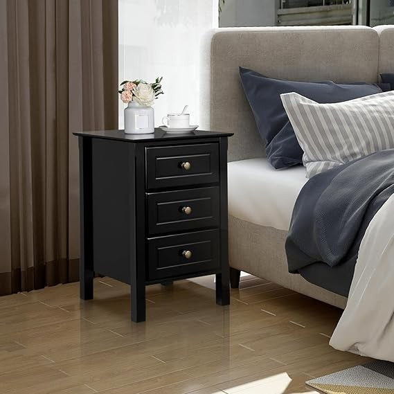 Black Bedside Tables Set of 2 | Wooden 3-Drawer Nightstands 40×40×60cm Modern