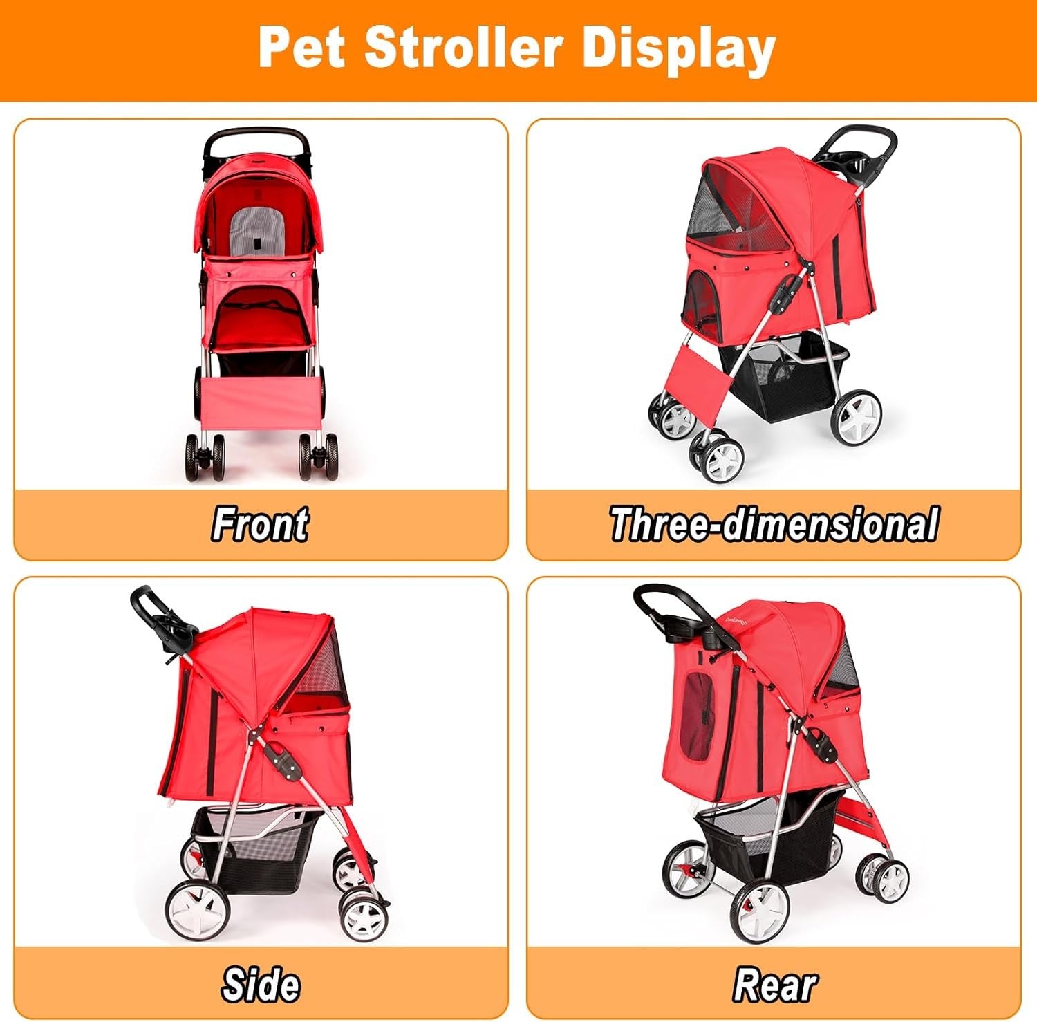Pet Travel Stroller Dog Cat Pushchair 4 Wheel Folding Pram Jogger Red