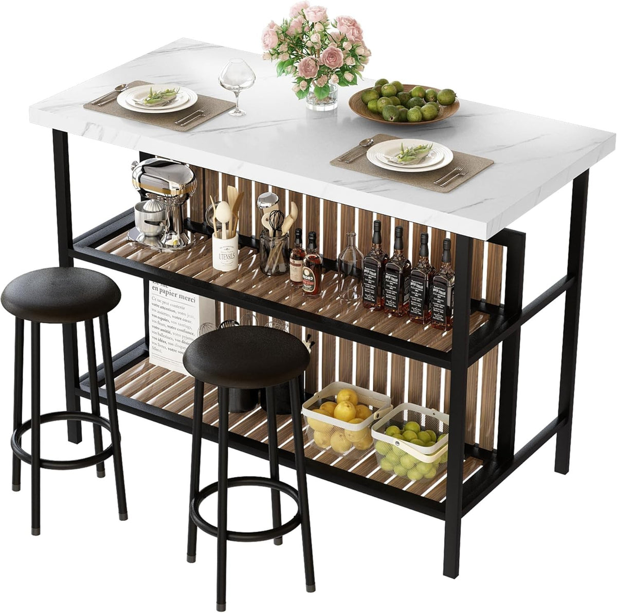 White Kitchen Island with Bar Stools & Storage, Small Dining Table Set