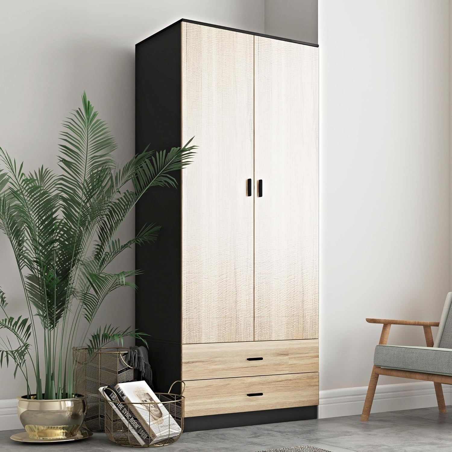 Black Oak 2 Door Wardrobe with Drawers Hanging Rail Bedroom Storage