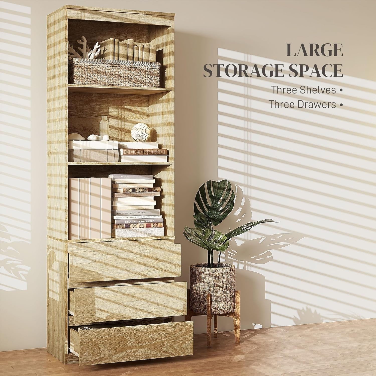 Tall Oak Bookcase with Drawers 180cm Slim Storage Shelf Modern Display Unit