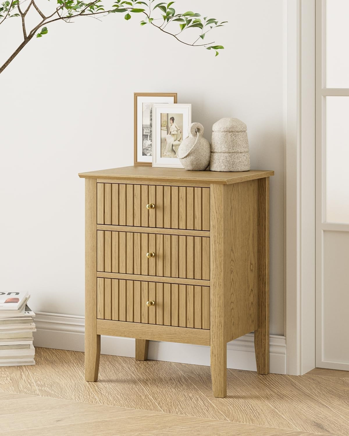 Modern Yellow Oak Bedside Table with 3 Drawers Wooden Nightstand Bedroom