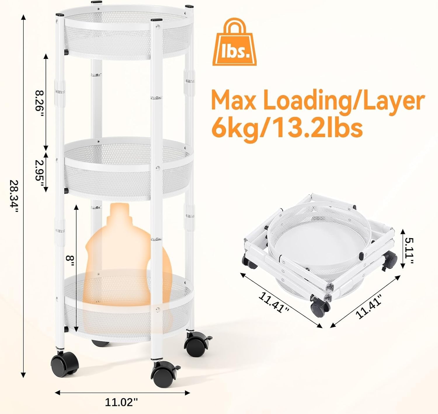 3 Tier Foldable Rolling Storage Cart Metal Utility Trolley Wheels