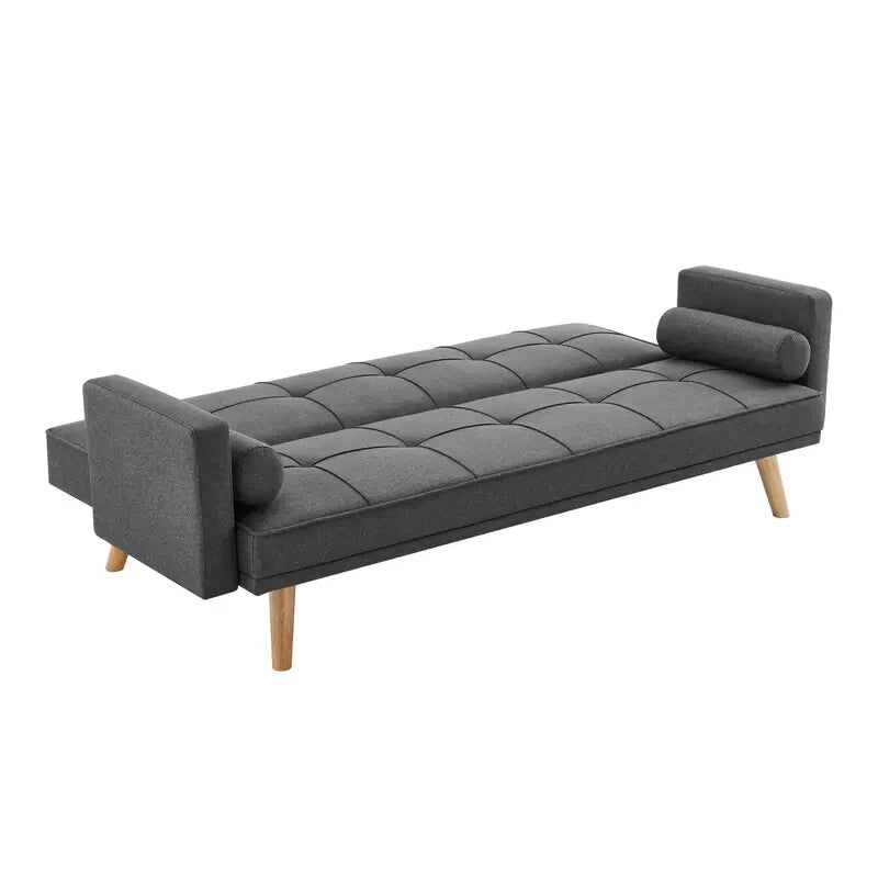 Charcoal Linen Clic Clac Sofa Bed 3 Seater Tufted Cushions & Bolster Pillows