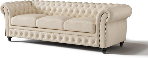 92" Beige Leather Chesterfield Sofa Full Aniline Tufted Luxury Couch