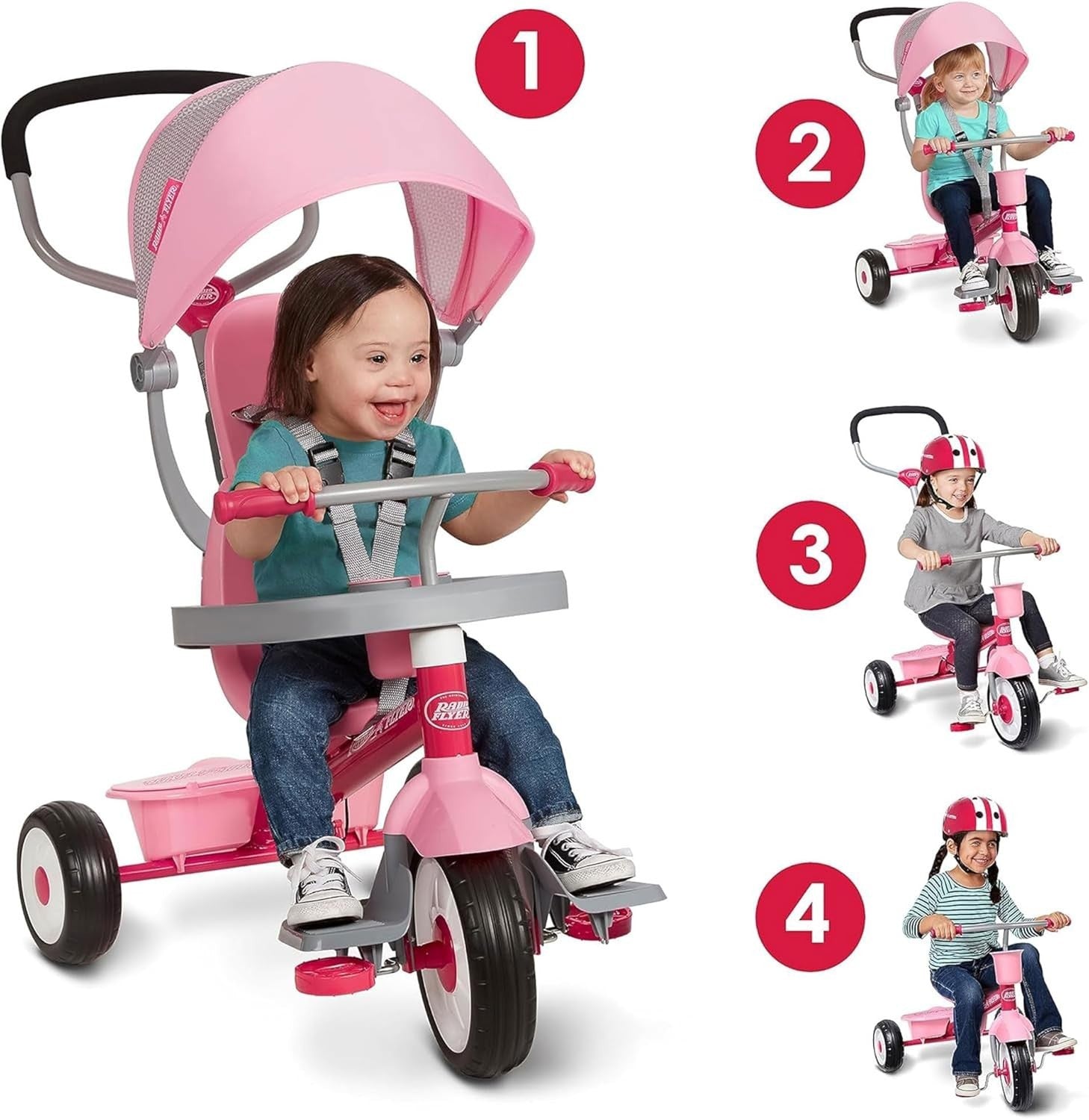 4 in 1 Toddler Tricycle Push Trike w Canopy Parent Handle Pink