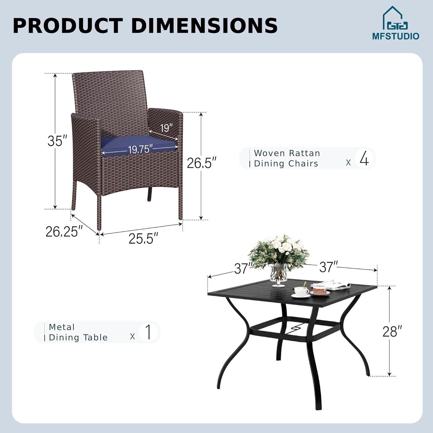 5 Piece Outdoor Rattan Dining Set Garden Table Chairs Patio Furniture Set