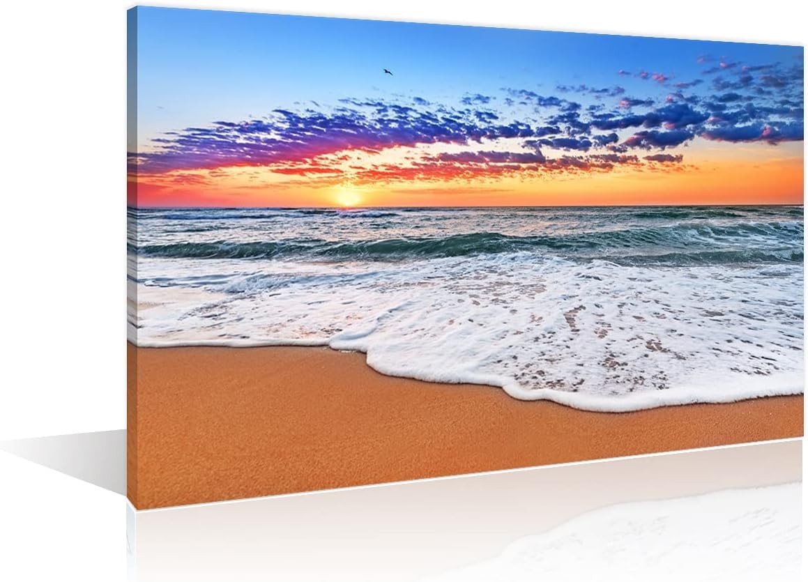 Large Beach Sunset Canvas Wall Art 36x24in Framed Seascape