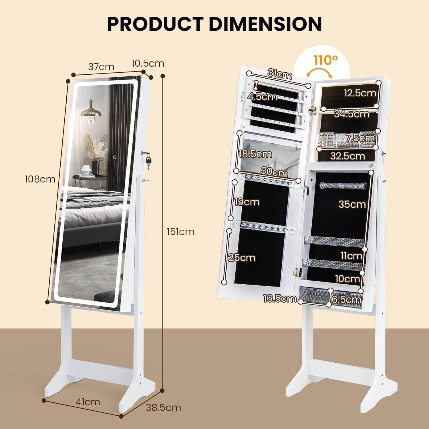 White LED Jewellery Cabinet Full Length Mirror Adjustable Lockable Storage