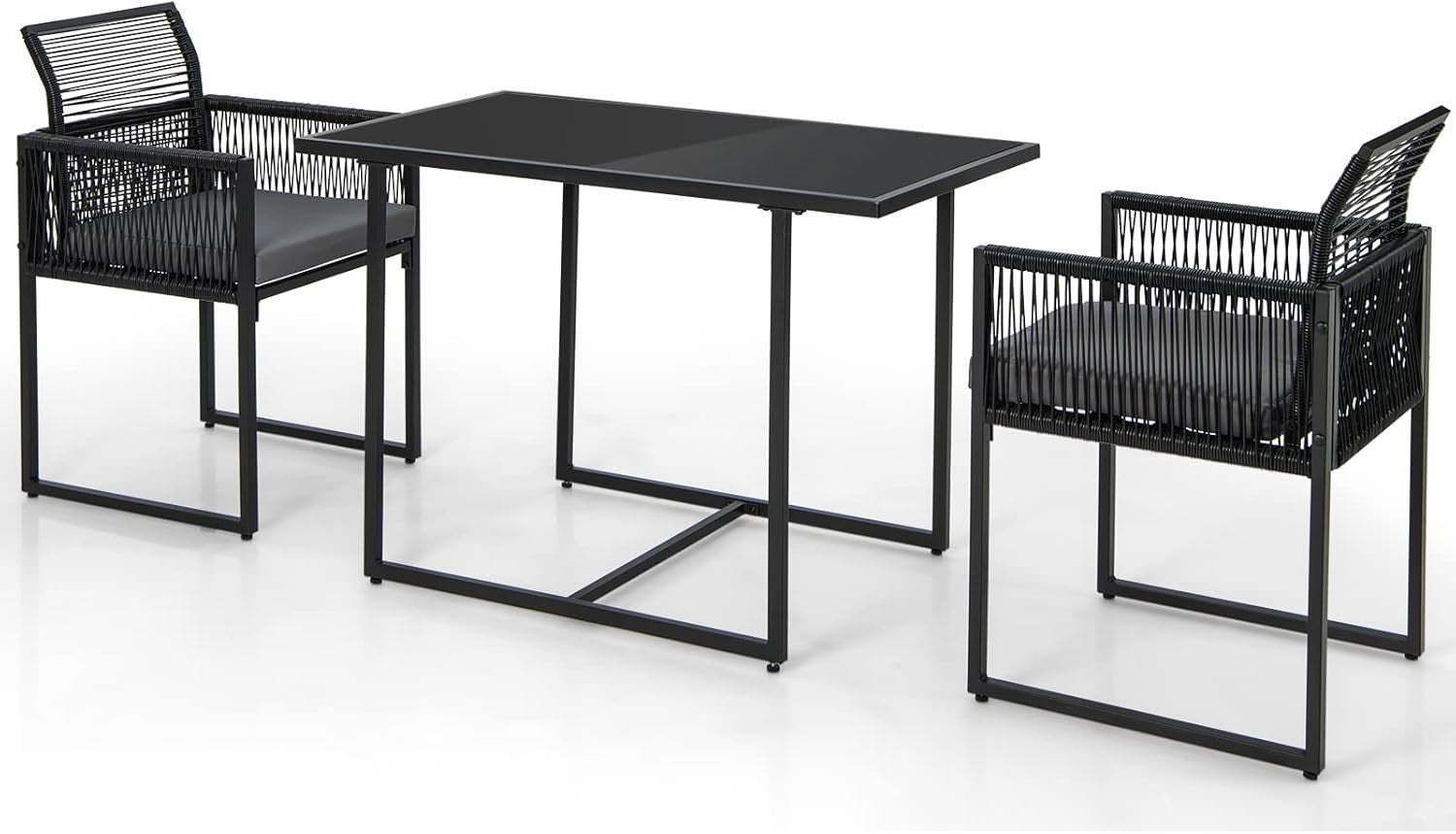 3pc Patio Bistro Set Glass Table 2 Rattan Chairs Cushions Space Saving
