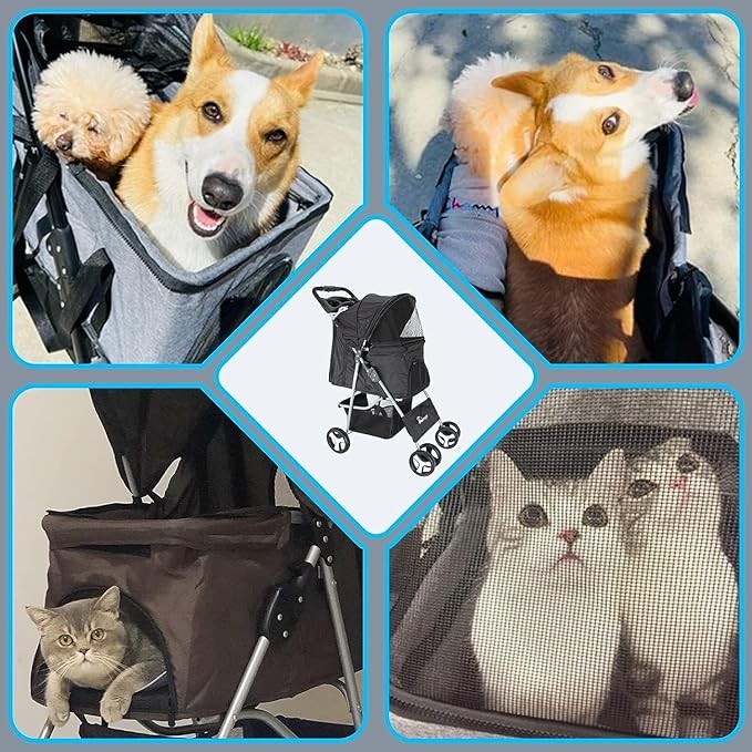Grey Foldable Dog Stroller with Rain Cover Pet Pushchair for Small Medium Dogs