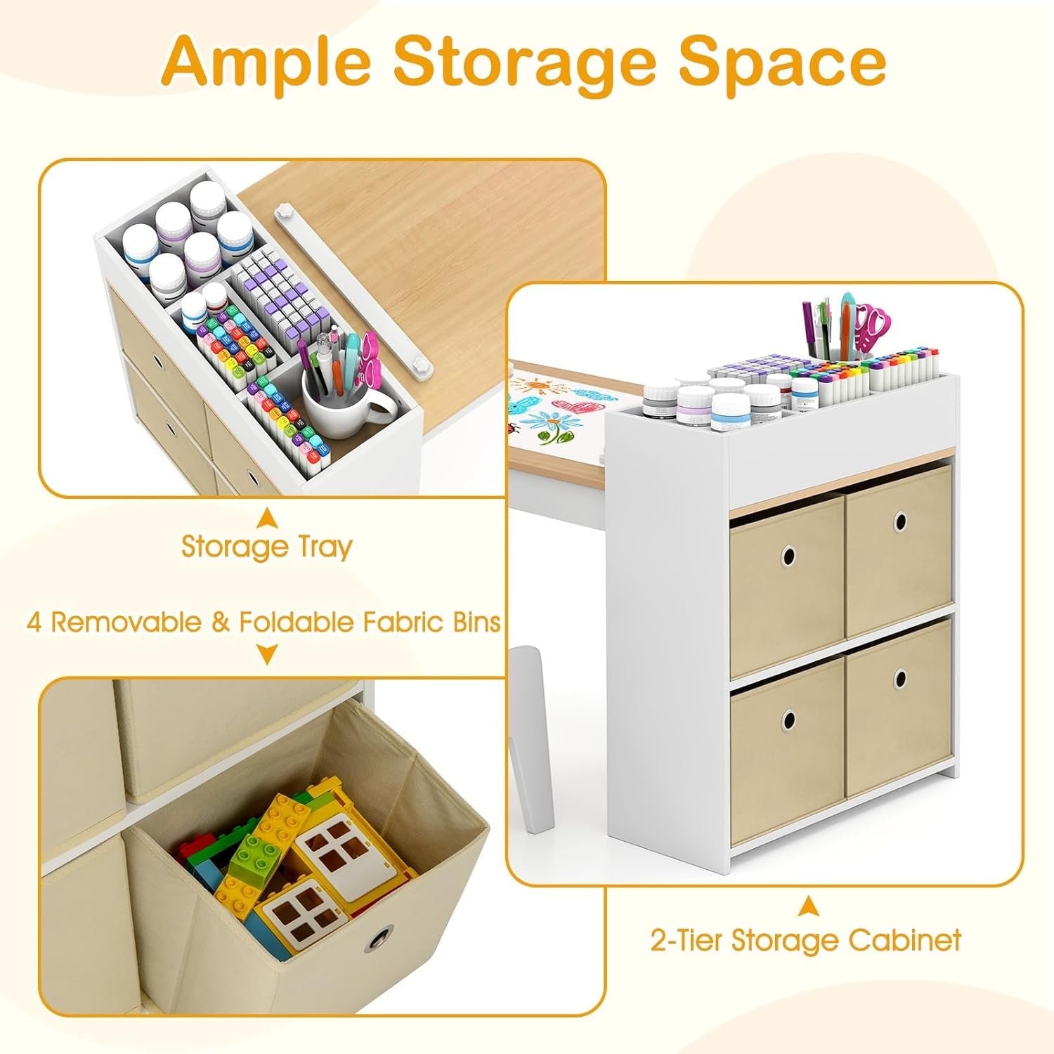 Kids Wooden Table and Chairs Set w/ Paper Roll Storage Bins Shelves Art Desk