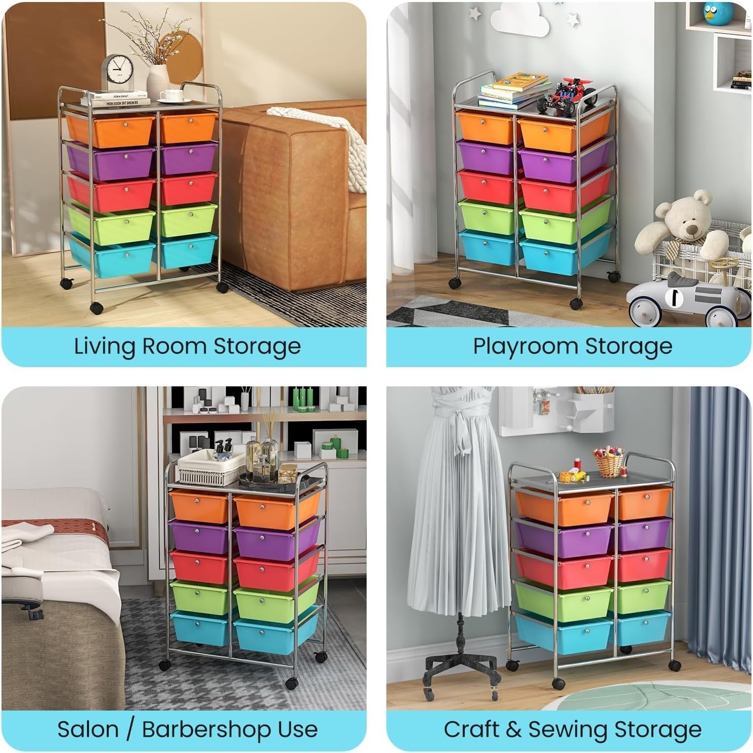 10 Drawer Rolling Storage Cart Utility Organizer Trolley Lockable Wheels