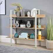 Wide 3 Tier Ladder Shelf Bookcase Modern Oak Effect Storage Unit Metal Frame