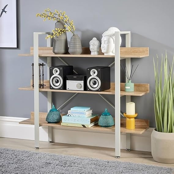 Wide 3 Tier Ladder Shelf Bookcase Modern Oak Effect Storage Unit Metal Frame