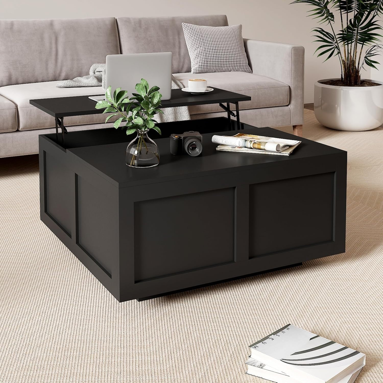 Lift Top Coffee Table with Storage, Hydraulic Lift, Hidden Compartments, Black