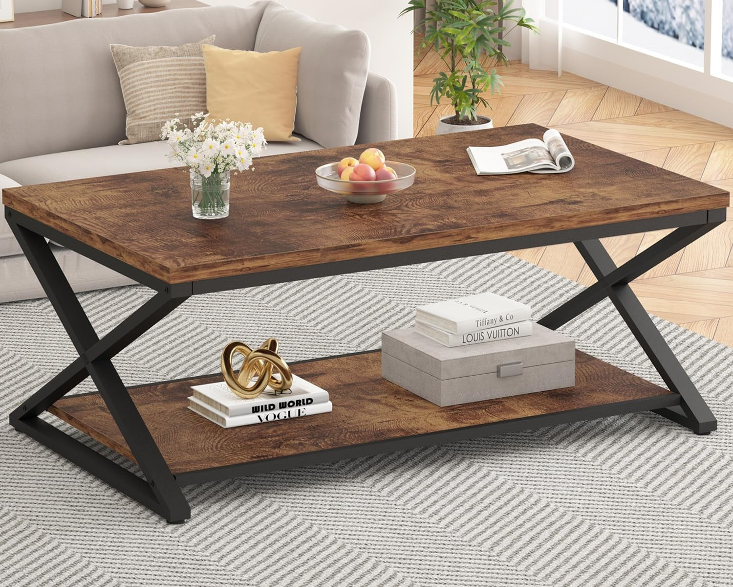 Industrial Coffee Table with Storage Shelf, 47" Rustic Wood Metal Living Room