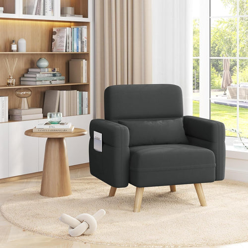 Compact Dark Grey Fabric Armchair with Storage Pockets & Tapered Legs