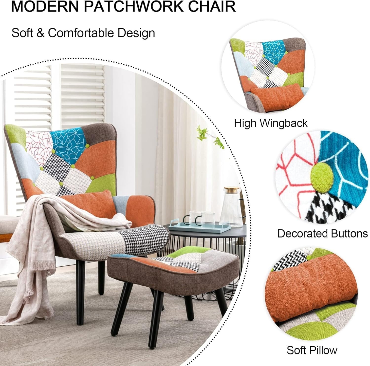 High Back Patchwork Armchair w/ Footstool Reading Lounge Chair