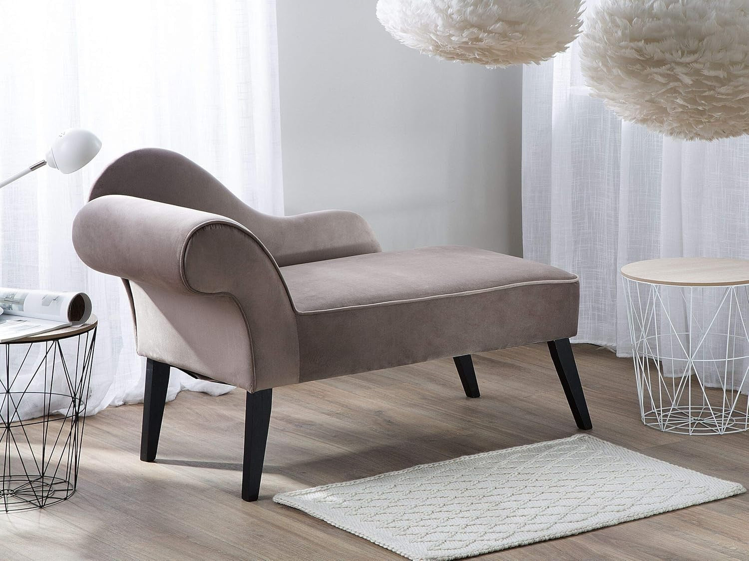 Vintage Left Hand Velvet Chaise Lounge Taupe Fabric with Black Legs 120 kg