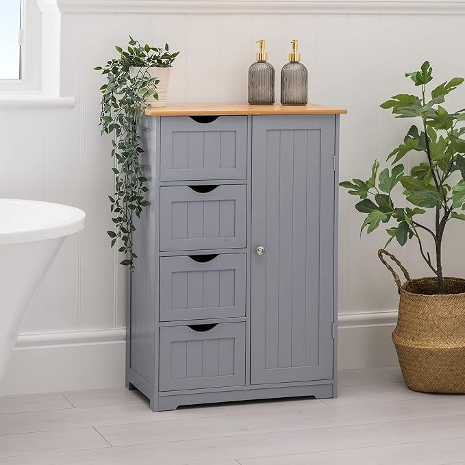 Wooden Grey Bathroom Cabinet with 4 Drawers & Shelf – Bamboo Top Storage