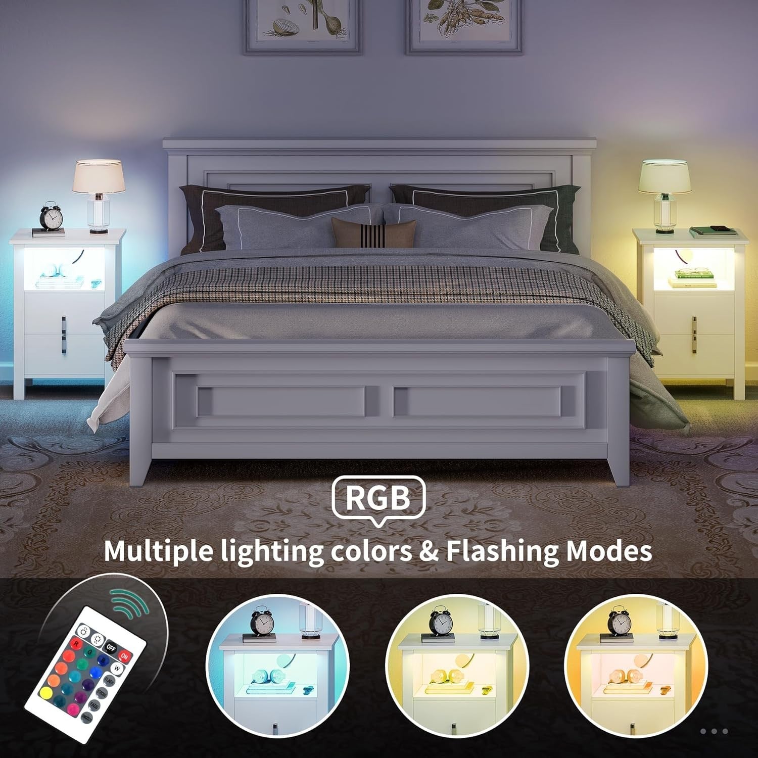 Set of 2 White LED Bedside Tables with 2 Drawers | Smart Nightstands