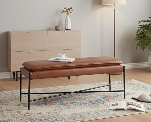 Brown PU Leather Upholstered Ottoman Bench Metal Frame Seat 115x37x48cm