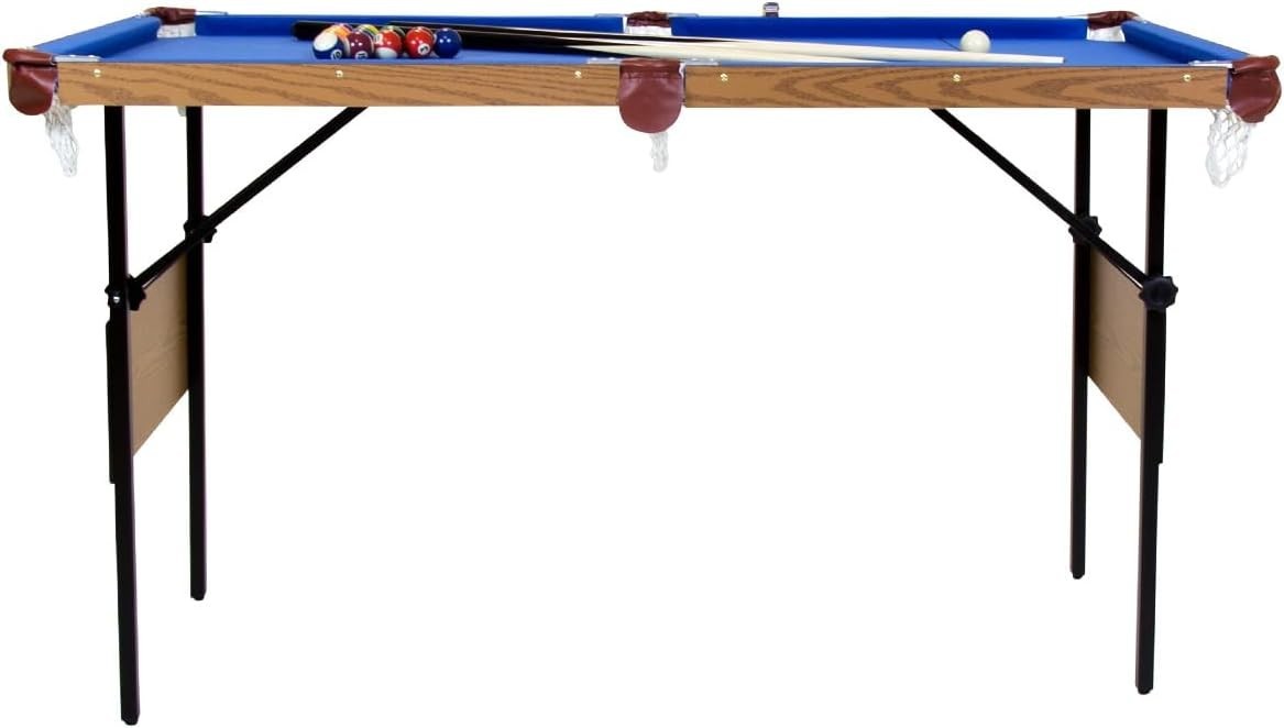 4FT 6in Folding American Pool Table Blue w Balls 2 Cues Scoreboard